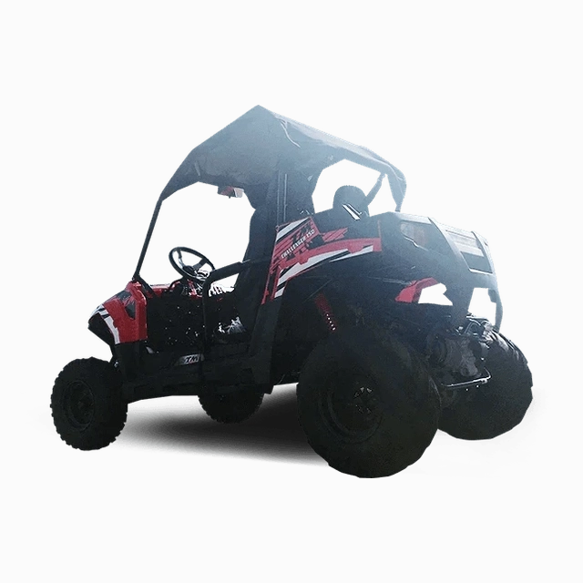 Three-quarter rear view of red TrailMaster Challenger UTV with knobby tires and steering wheel