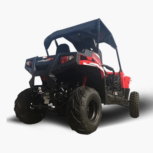 Rear three-quarter view of red TrailMaster UTV emphasizing heavy-duty bumper and suspension