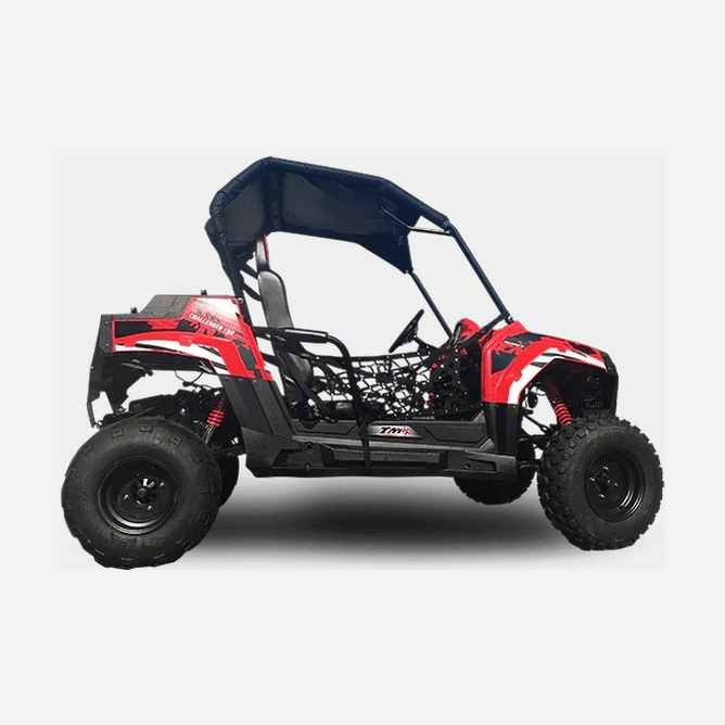 Side view of red TrailMaster Challenger UTV with roll cage mesh and 'Challenger' branding