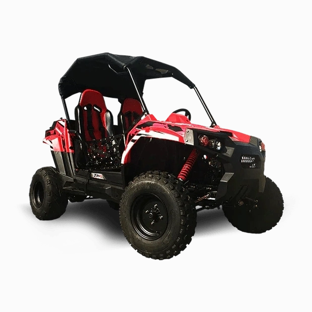 Red TrailMaster 200cc Challenger UTV with racing seats and sunshade canopy