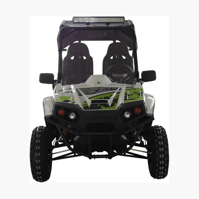 White and lime green UTV front view with roof-mounted LED light bar, bumper guard, and V-shaped graphics