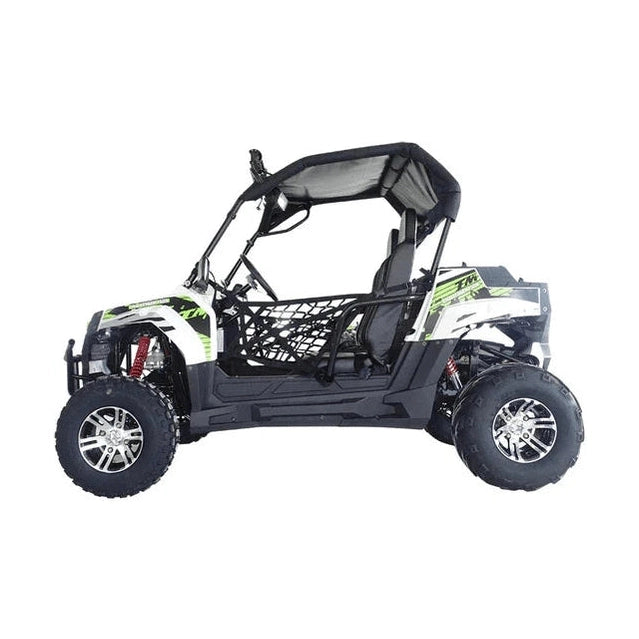 TrailMaster Challenger UTV side view with heavy-duty nylon safety nets, sunshade canopy, and alloy wheels