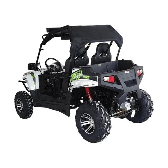 TrailMaster Challenger 200X UTV rear interior view with steering wheel, cargo area, and exhaust pipe