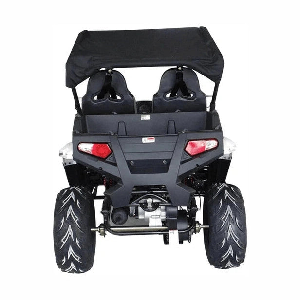 Rear view of UTV highlighting cargo bed, angular taillights, exposed axle, and wide tread tires