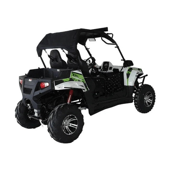 Rear view of black and white TrailMaster Challenger UTV with fabric roof, bucket seats, and side guards
