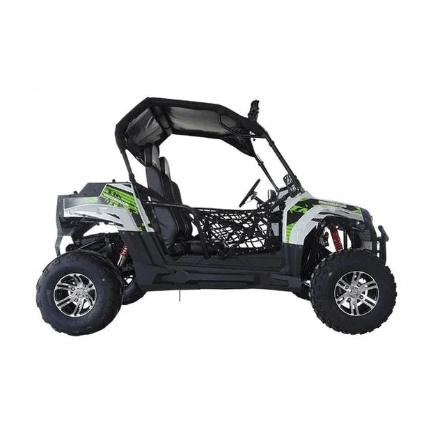 Opposite side of TrailMaster Challenger UTV showing bucket seats with harnesses and rugged off-road tires