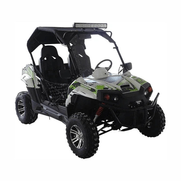 TrailMaster Challenger 200X youth UTV in white and lime green with black canopy and LED light bar