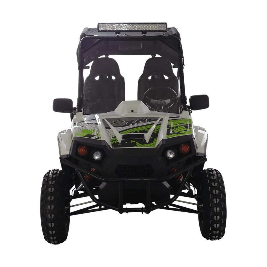 Front view of TrailMaster Challenger 200X UTV featuring LED light bar, brush guard, and dual black seats