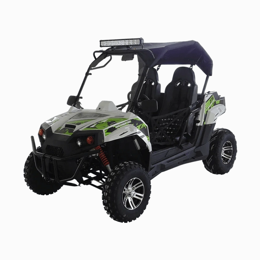 Three-quarter angle of TrailMaster Challenger UTV showcasing safety nets, LED light bar, and aggressive tires