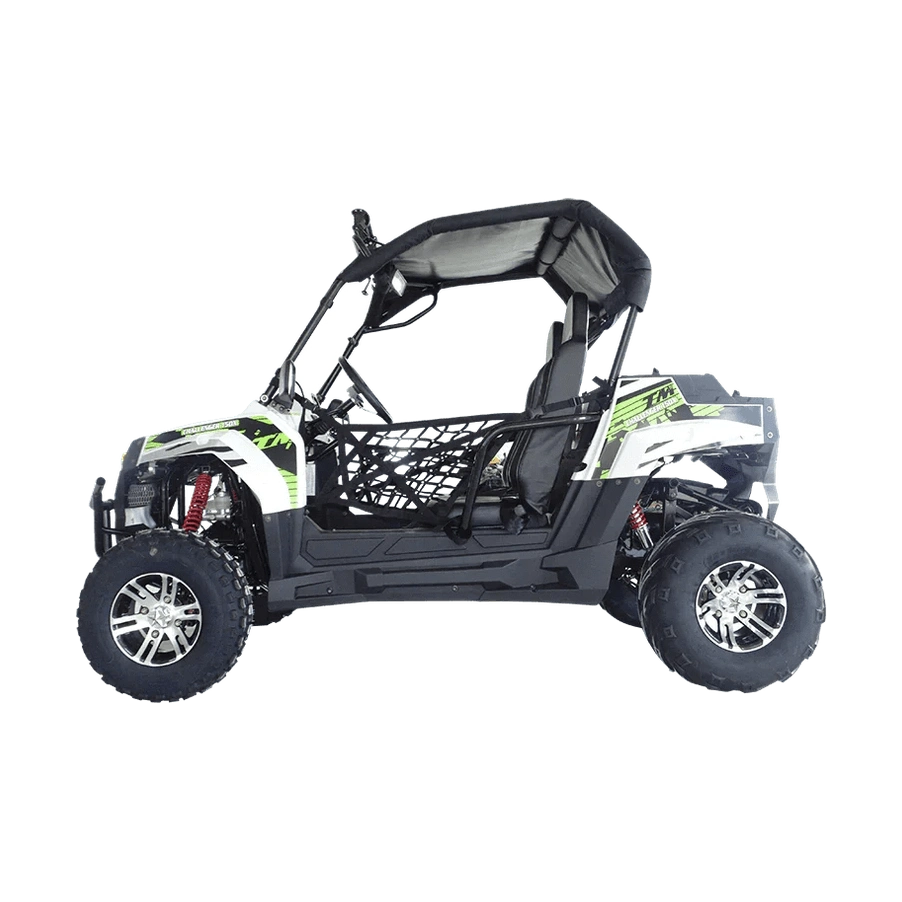 TrailMaster Challenger 200X side profile showing safety nets, canopy, and alloy wheels