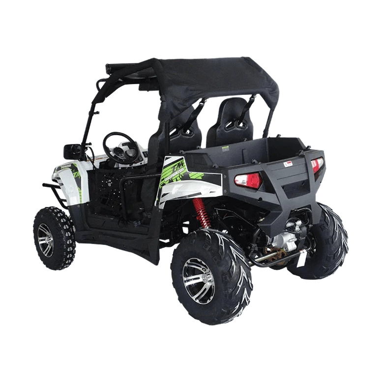 Side profile of TrailMaster Challenger 200X UTV highlighting safety rails, cargo box, and suspension