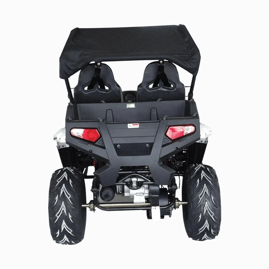Rear view of TrailMaster Challenger 200X UTV with sunshade canopy and off-road tires