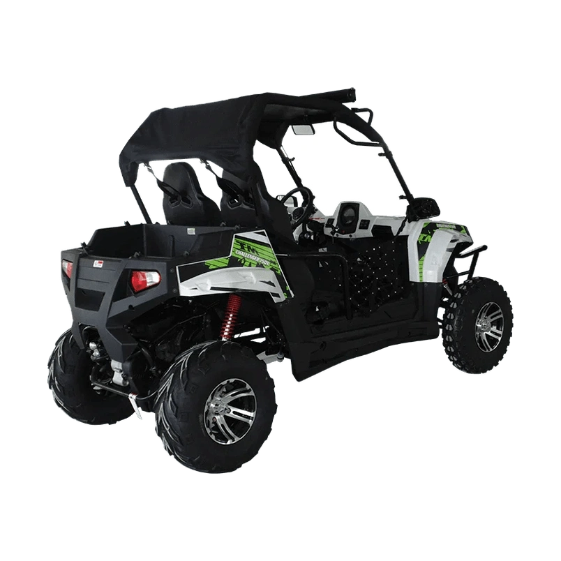 Black and white TrailMaster Challenger 200X UTV with lime graphics, sunshade canopy, and chrome wheels