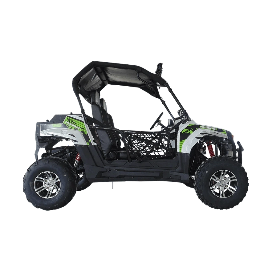 Right side profile of UTV highlighting safety net, steering wheel, soft top, and side protection rails