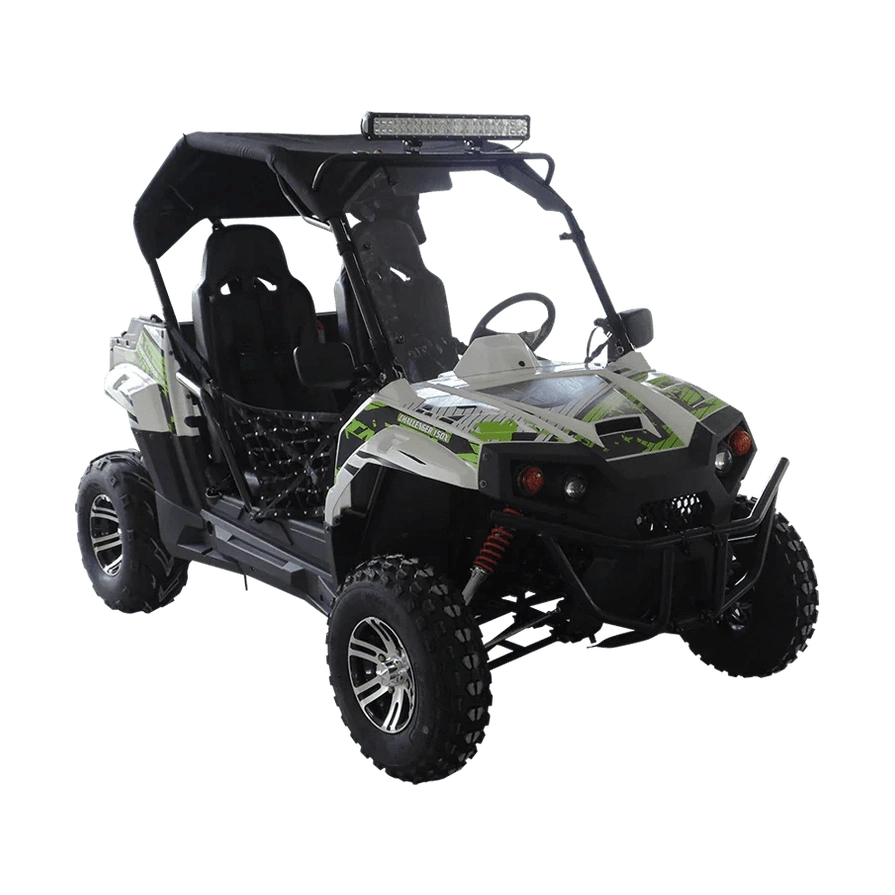 TrailMaster Challenger 200X youth UTV front view with LED light bar and dual racing seats