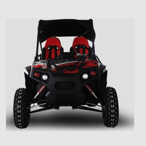 Red TrailMaster Challenger 300E UTV front three-quarter view with honeycomb grille