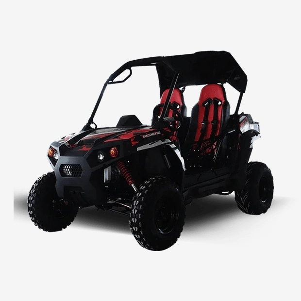Front left angle of red TrailMaster Challenger 300E UTV with angular fascia and decals