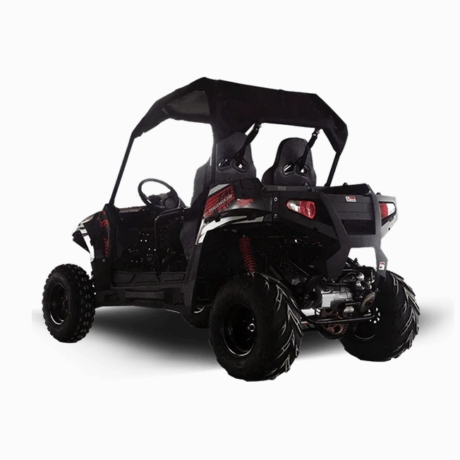Black TrailMaster Challenger 300E UTV rear three-quarter view with fabric roof