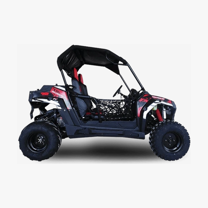 Right side of red and silver TrailMaster Challenger 300E UTV with CHALLENGER 300 text