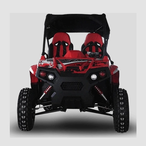 Front view of red TrailMaster Challenger 300E UTV with black bumper and knobby tires