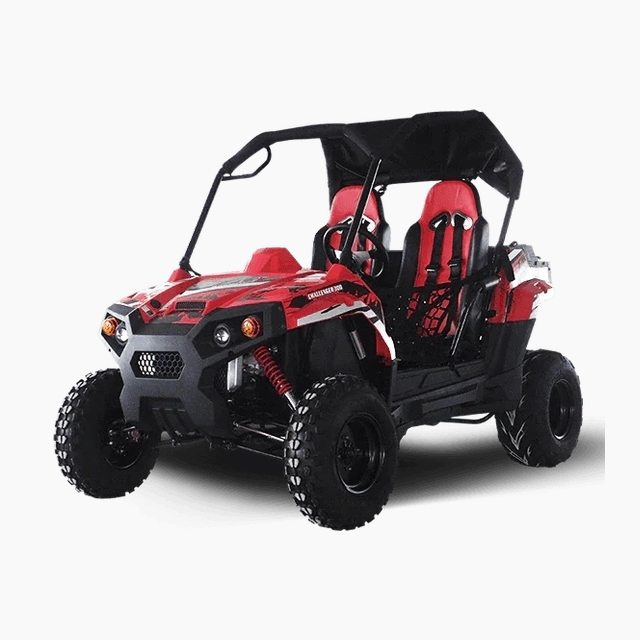 Red TrailMaster Challenger 300E UTV with black roof and red racing seats