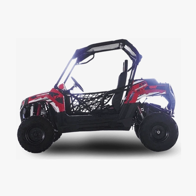 Left side of red TrailMaster Challenger 300E UTV showing steering wheel and safety netting