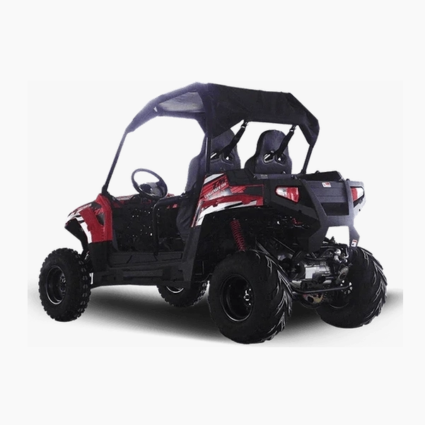 Rear view of red TrailMaster Challenger 300E UTV with soft-top roof and graphic accents