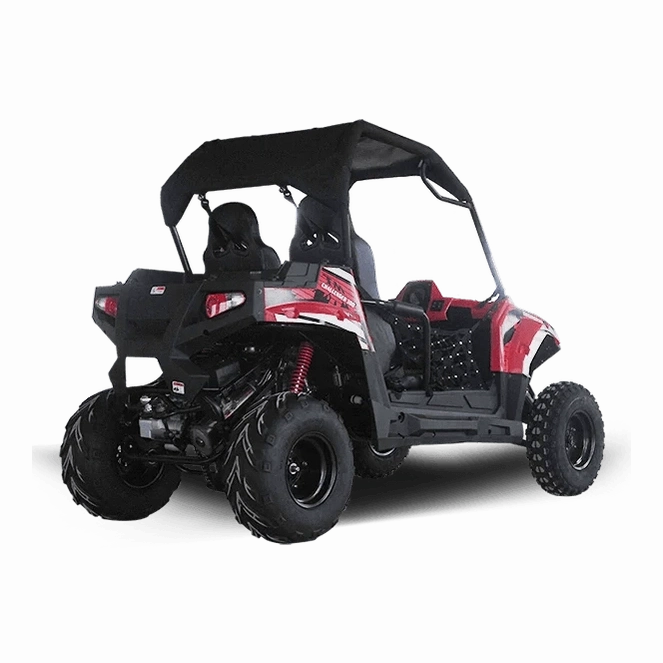 Rear view of red TrailMaster Challenger 300E UTV showing cargo bed and taillights