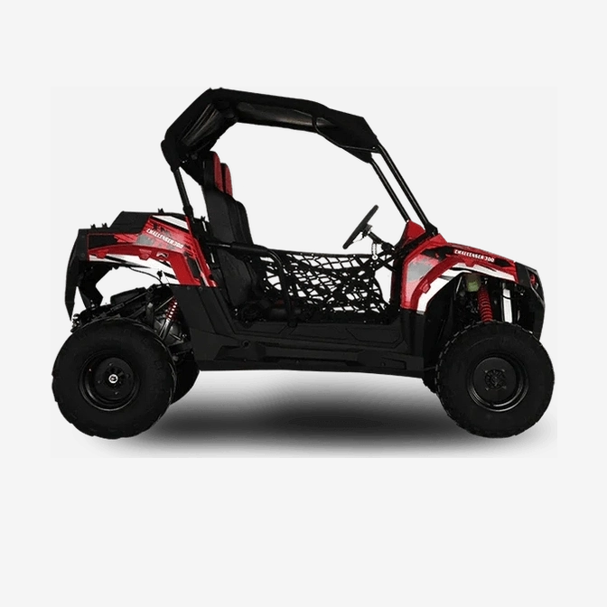 Red TrailMaster Challenger 300E UTV side profile with black roll cage and red suspension