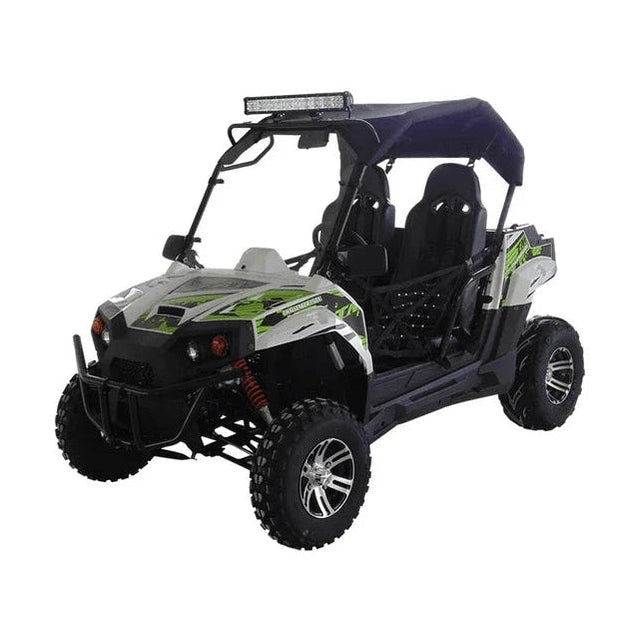 Rear view of TrailMaster Challenger 200X UTV showing cargo bed, roll cage, and knobby off-road tires