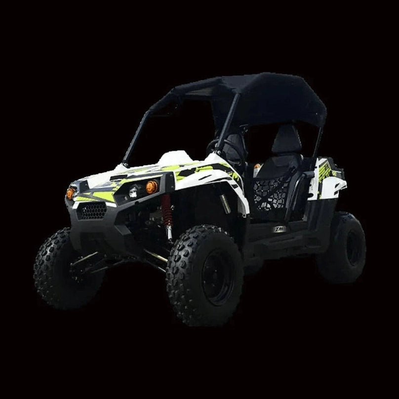 TrailMaster 200cc Challenger youth UTV in white and lime green with black canopy