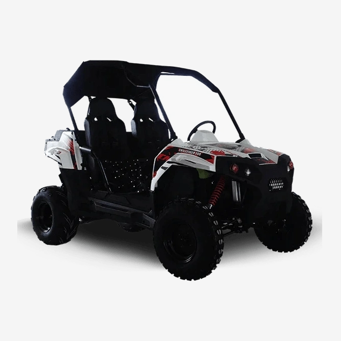 White, black, and red TrailMaster Challenger 300E UTV with black roll cage