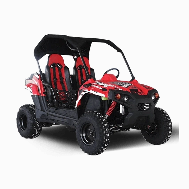 Rear three-quarter view of red TrailMaster Challenger 300E UTV with cargo area