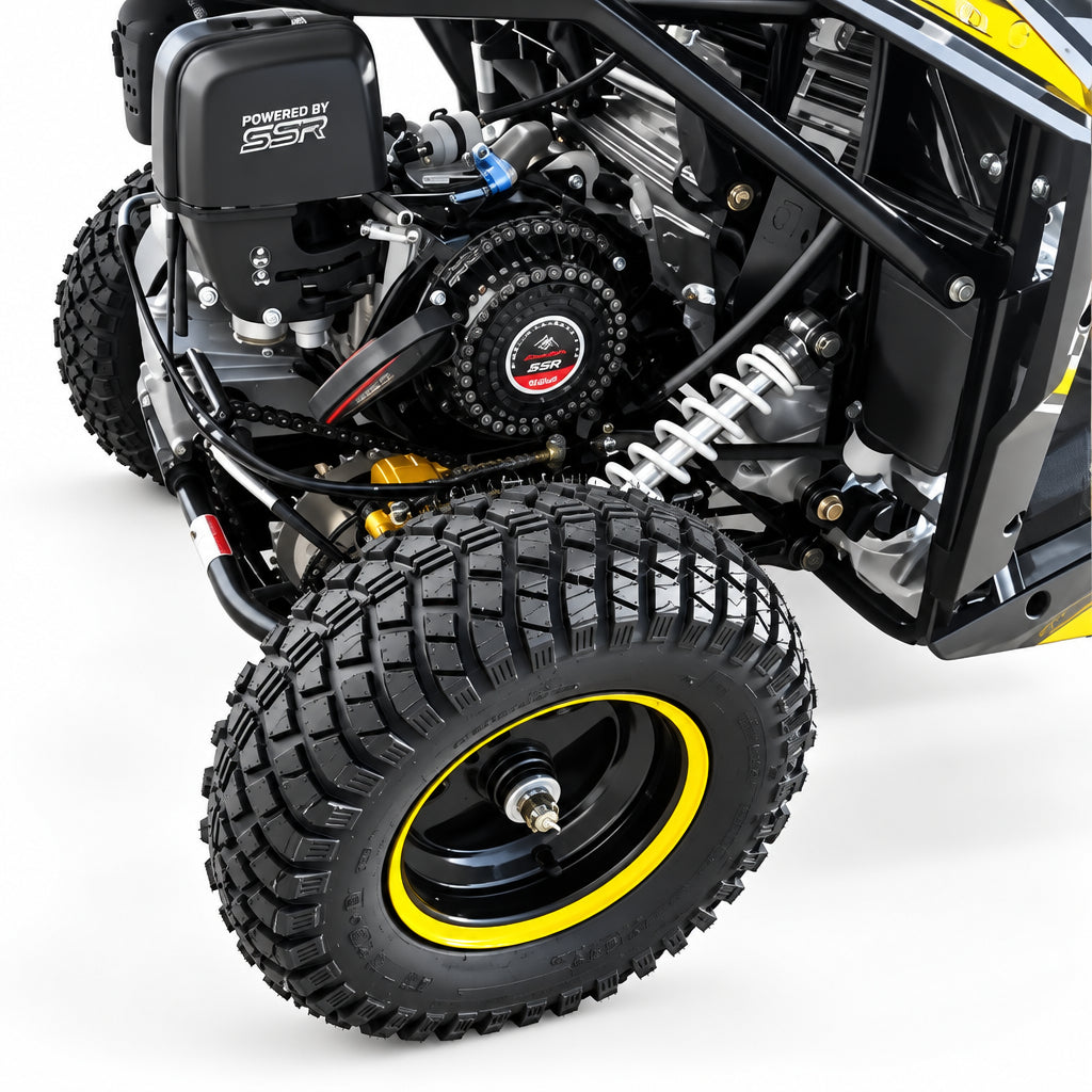 Close-up of TrailMaster Cheetah 6 rear engine and drive chain