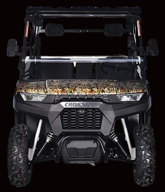 Front view of camo brown UTV with rugged off-road tires and Crossfire grille