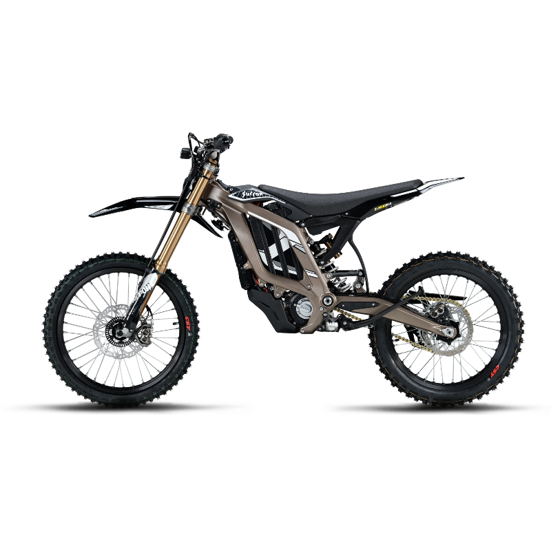 Desert brown Surron Light Bee 2 X electric dirt bike with white graphicsrt