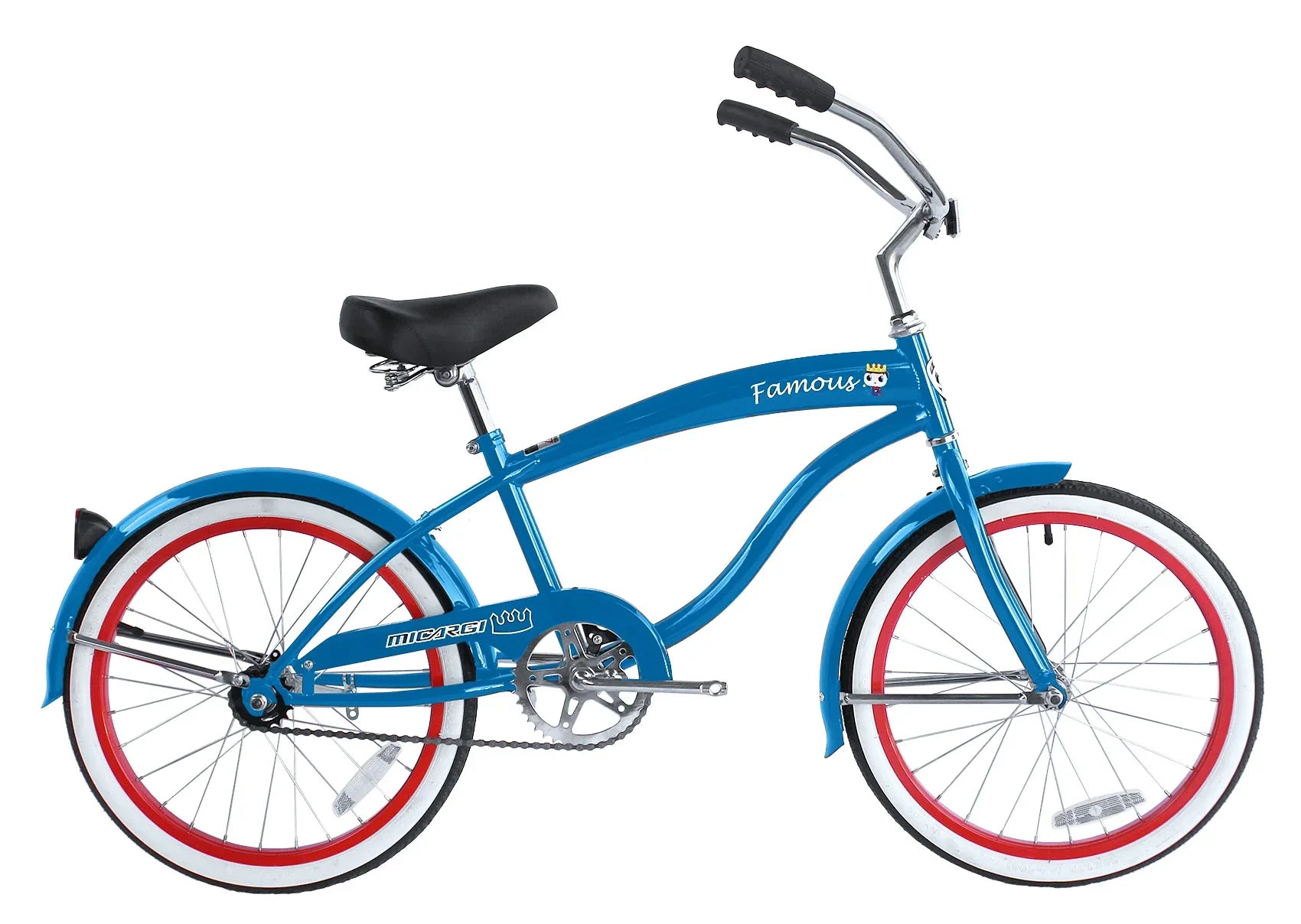 Micargi Famous 20 inch kids beach cruiser bike in light blue with black saddle and red rims