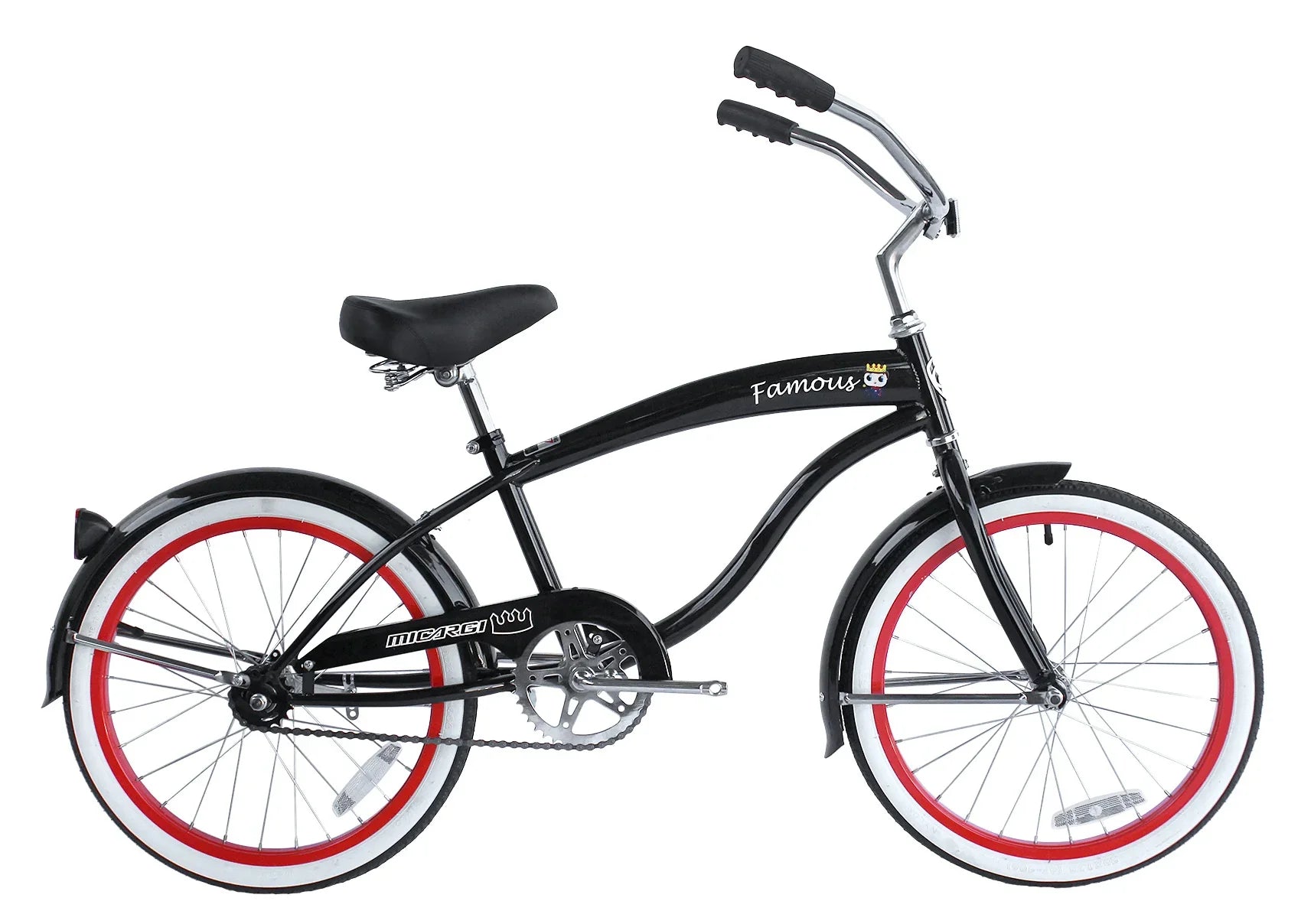 Micargi Famous 20 inch kids beach cruiser bike in black with black saddle and red rims
