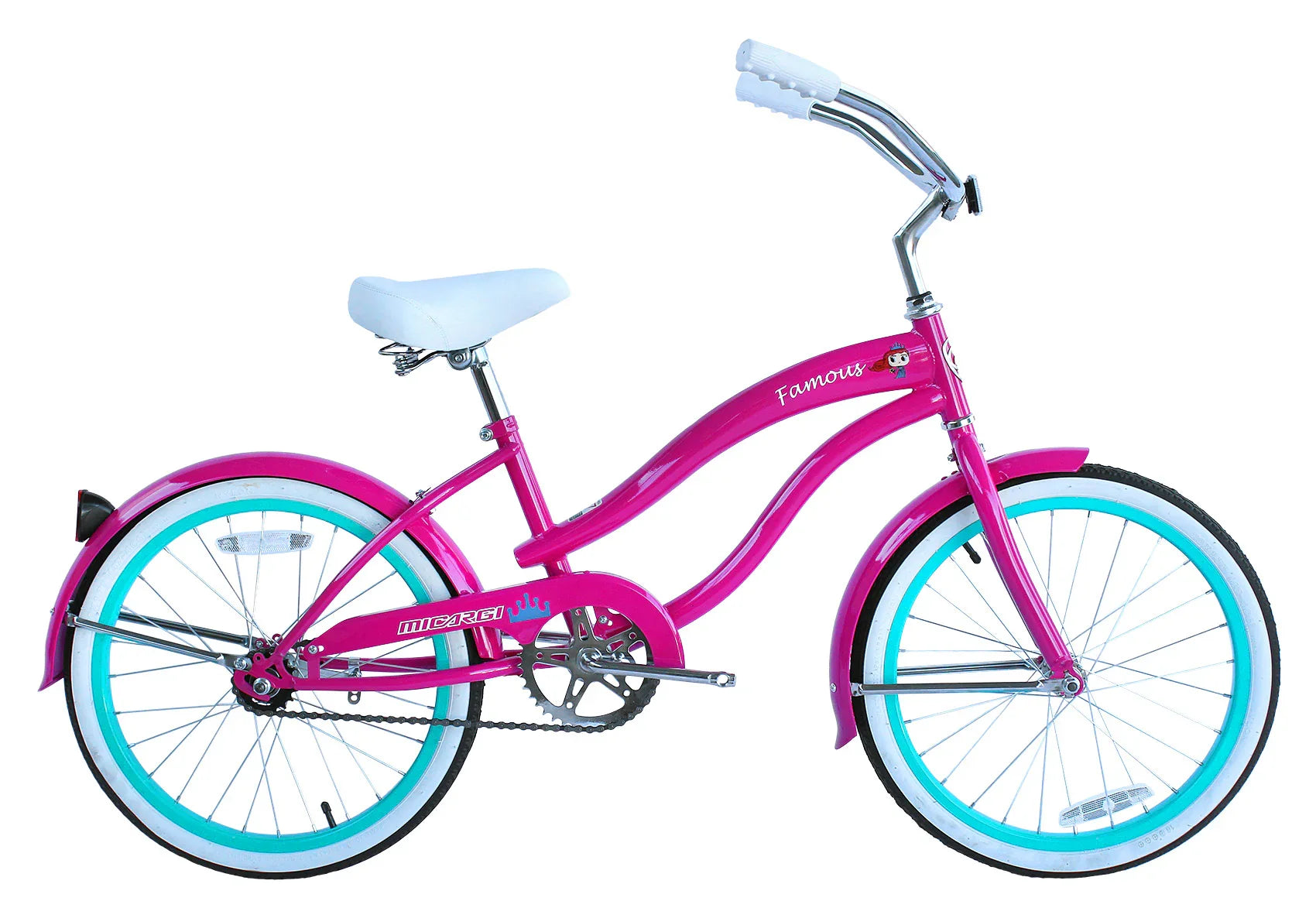Micargi Famous 20 inch kids beach cruiser bike in hot pink with white saddle and turquoise rims