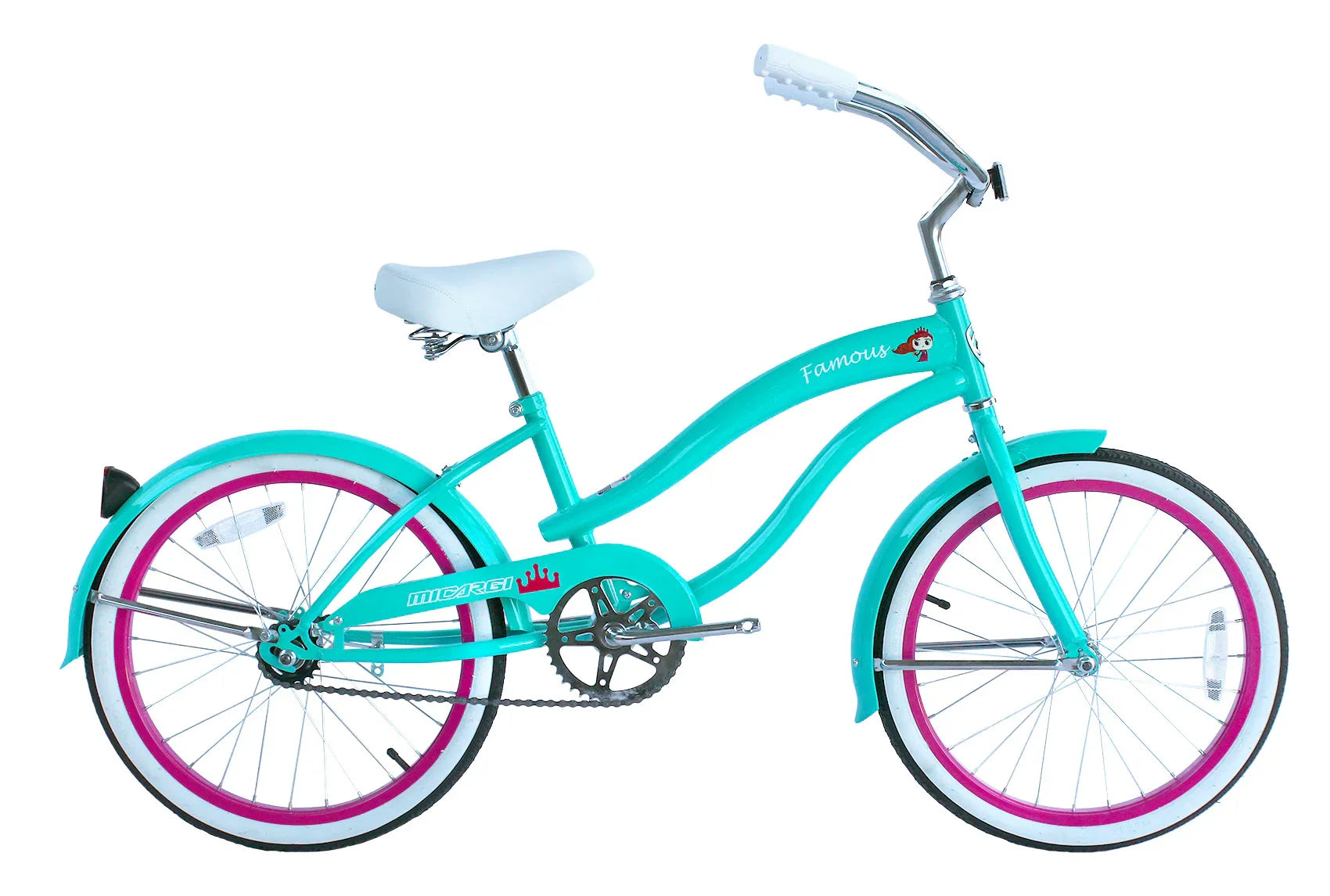 Micargi Famous 20 inch kids beach cruiser bike in tiffany blue with white saddle and pink rims