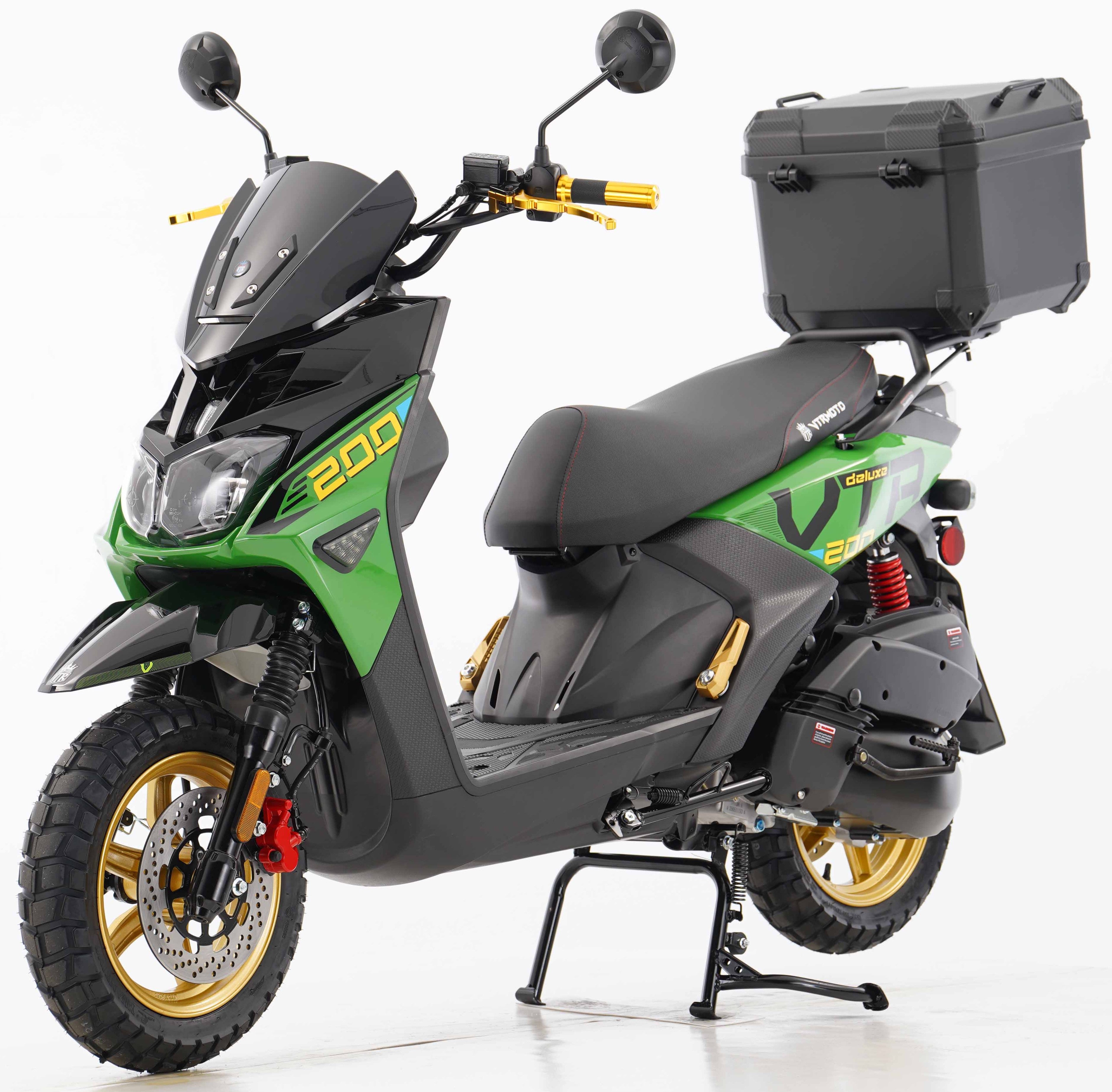 Green E200 VTR scooter with rear storage box and front disc brake