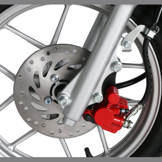 Close-up of Vitacci 150cc Spark Scooter wheel with a red brake caliper on a white background