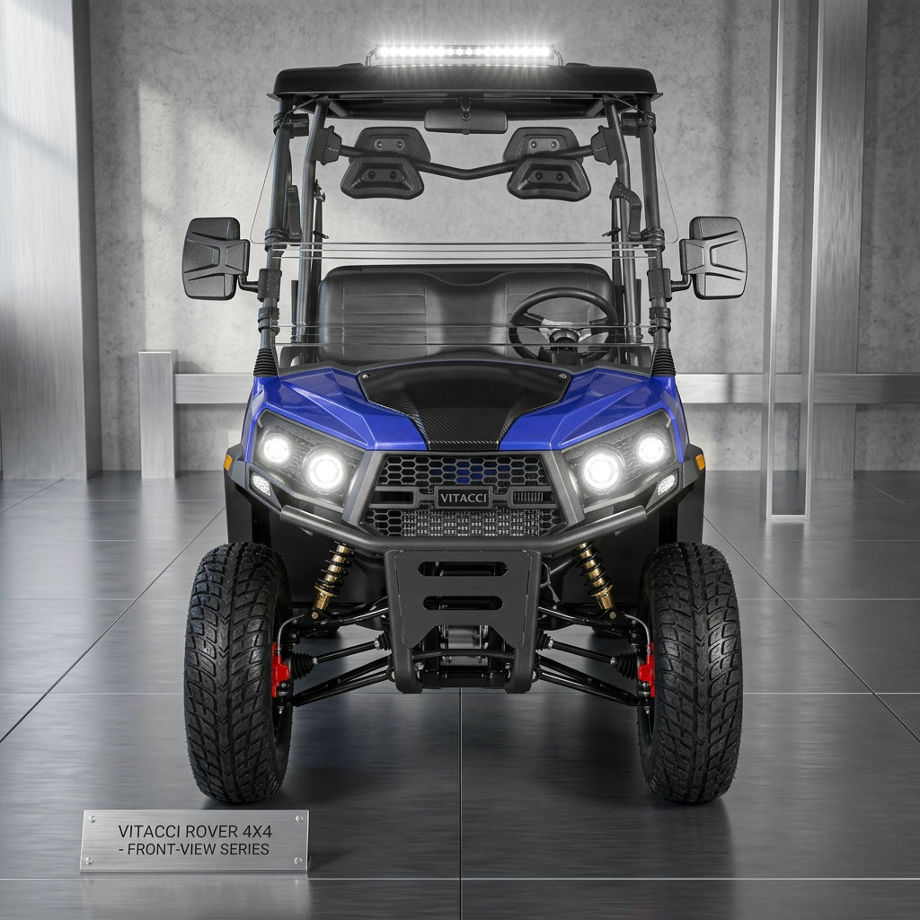 Front view of blue and black Vitacci Rover golf cart with off-road tires and LED lights