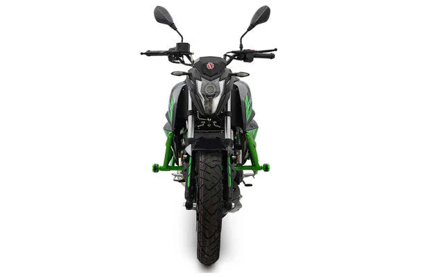 Green and black dirt bike with rugged tires and front suspension