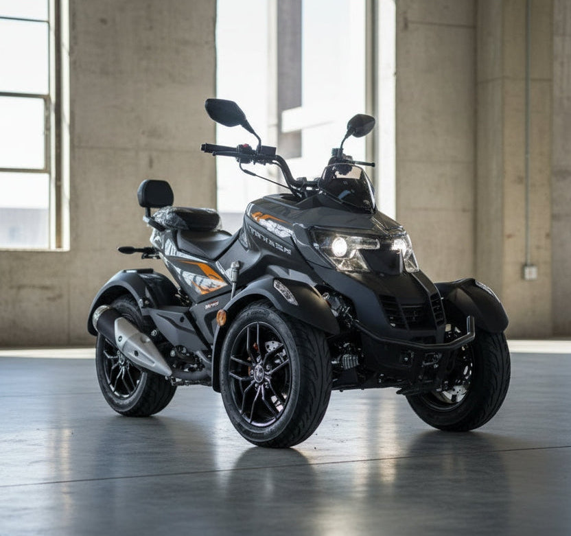 Gray and black Amigo trike front three-quarter view with windscreen