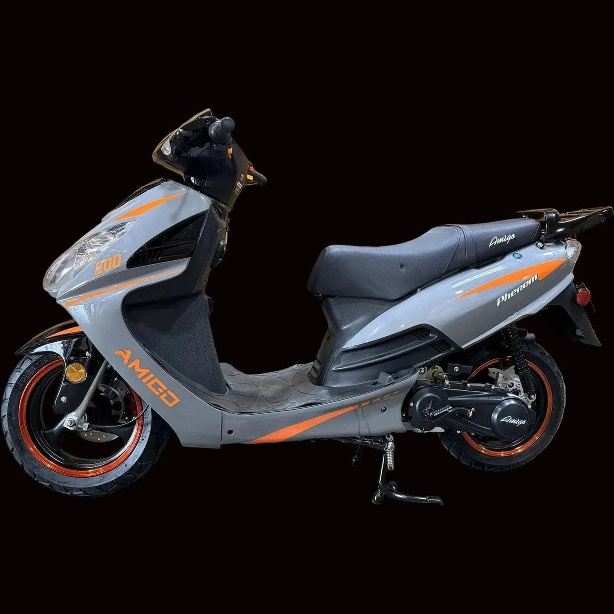 Gray and orange Amigo Phenom 200 scooter in packaging setting
