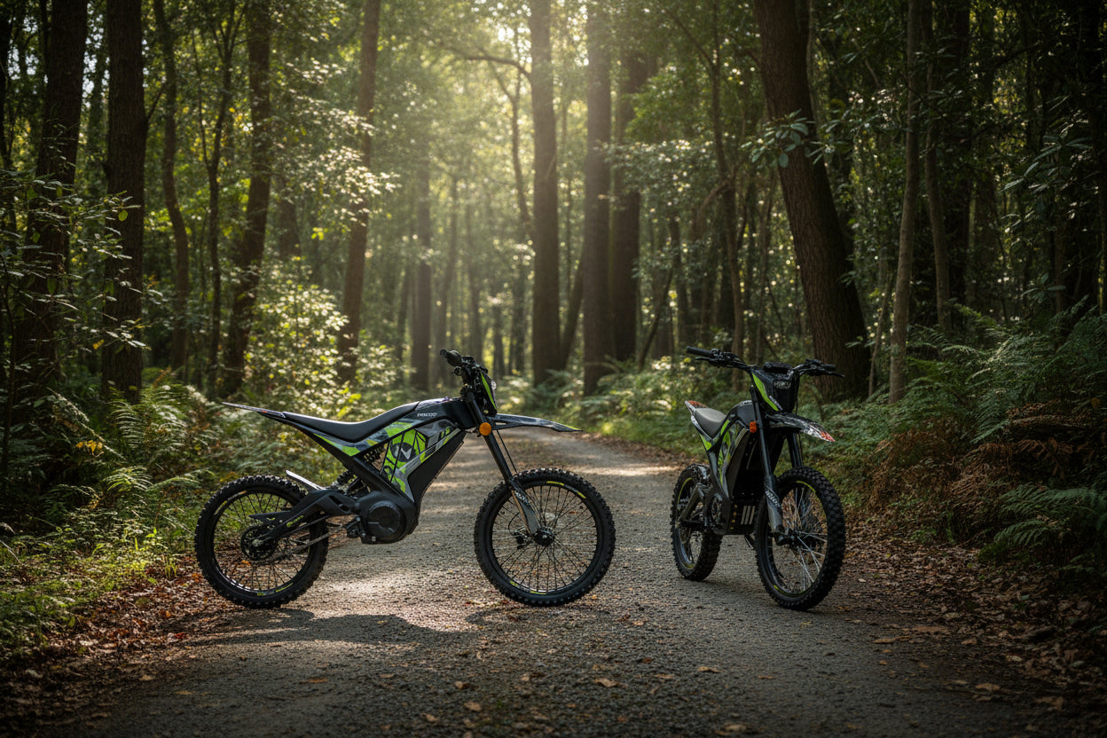 Electric dirt bike with green accents, knobby tires, and front disc brake for off-road riding