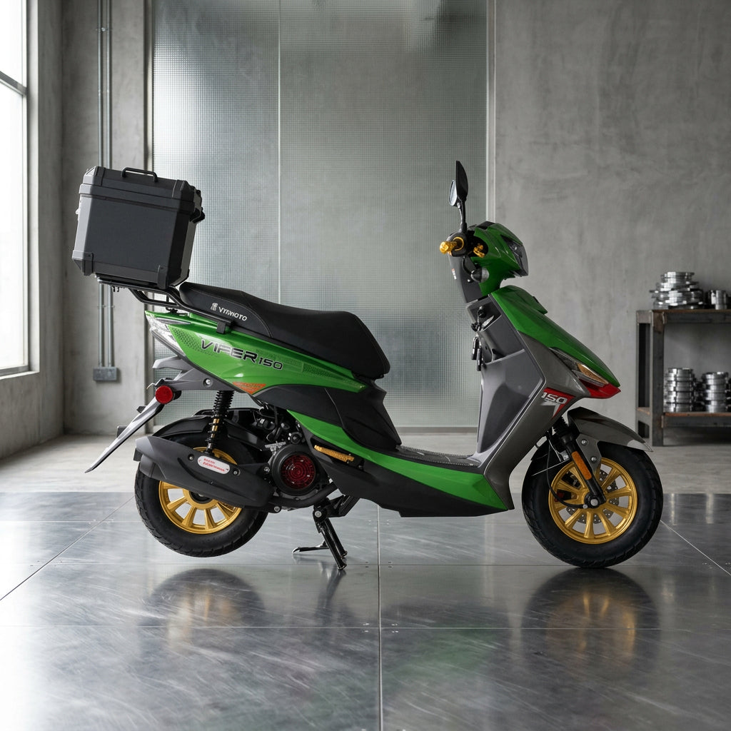 Green Vitacci Viper 150cc scooter with yellow grips and 'VIPER' branding
