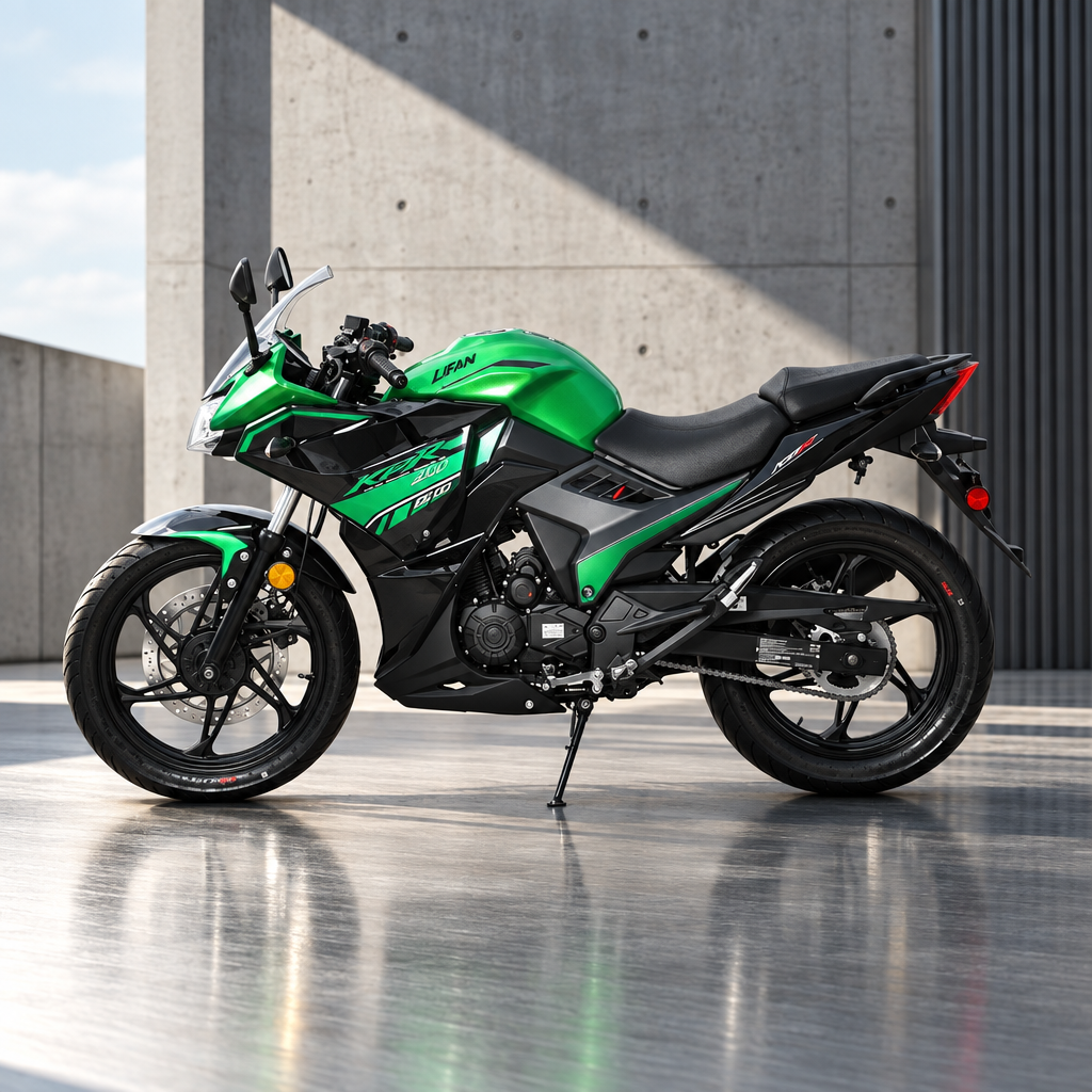 Green and black Lifan KPR 200 sport motorcycle with windscreen and alloy wheels