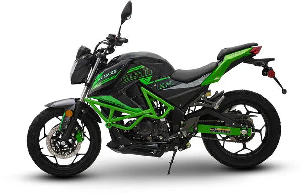 Green and black 250cc dirt bike with sporty design and disc brakes